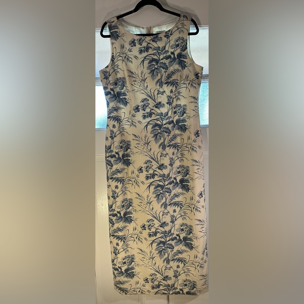Parisian Sleeveless Blue Cream Palms Maxi Dress Size 14